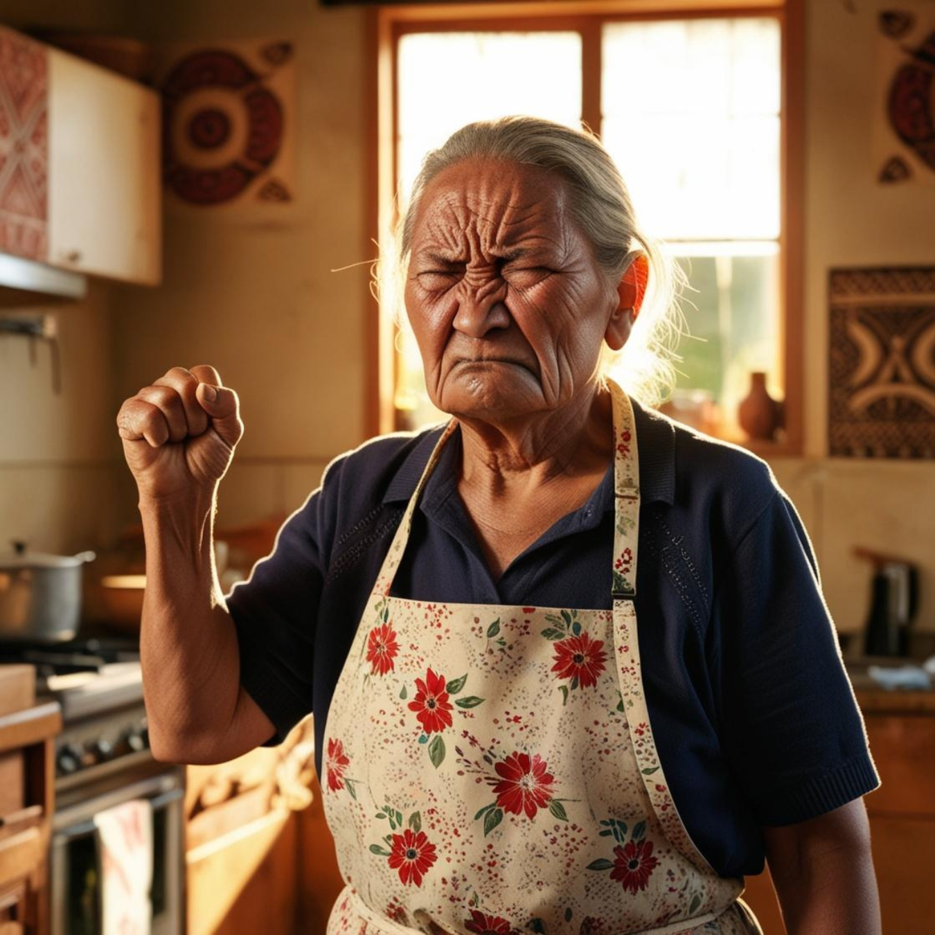 Woman standing in her kitchen looking angry/sad, waving her fist.
