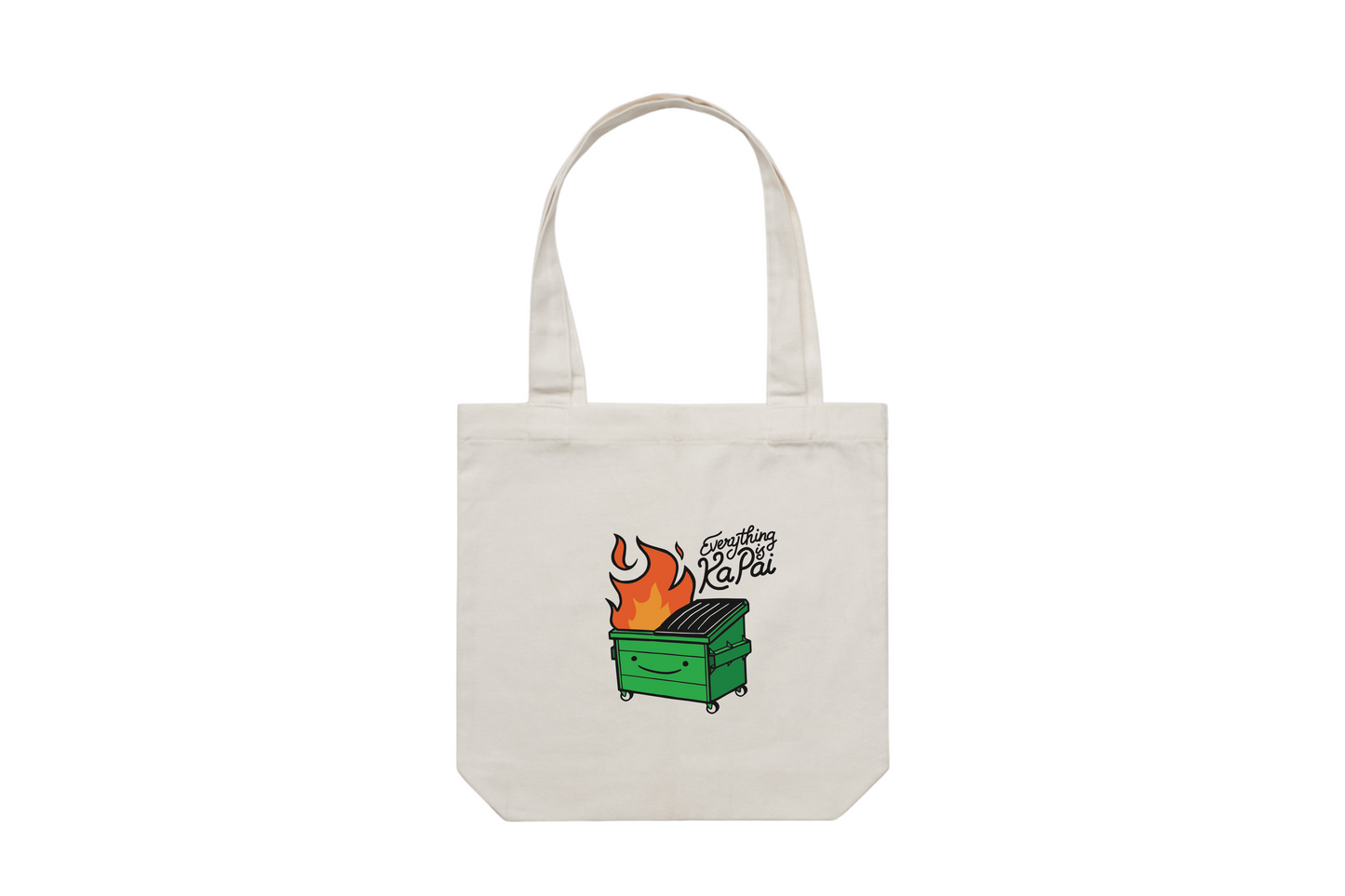 Flat lay of the EVERYTHING IS KA PAI tote bag, part of our women’s and men’s Māori clothing and accessories range.