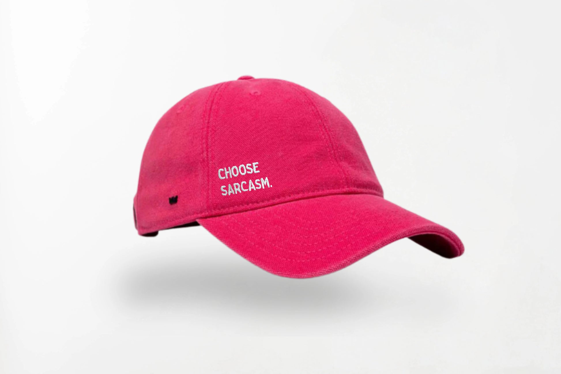 Flat lay of the CHOOSE SARCASM cotton canvas cap – 100% heavy cotton canvas, unisex, one size fits all.