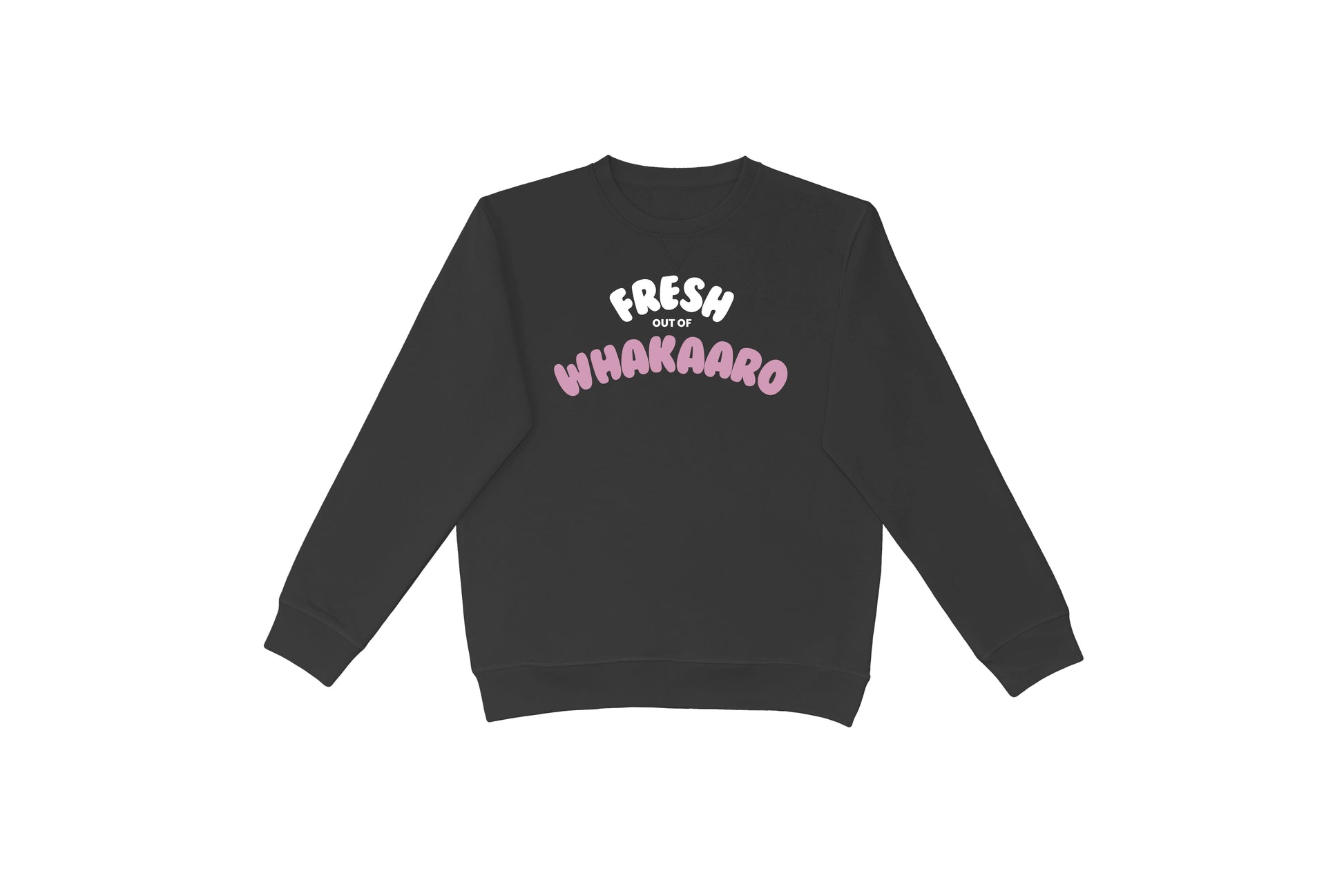 Flat lay of the Fresh out of Whakaaro crewneck – unisex, Māori-inspired cotton/polyester crewneck for everyday NZ wear.