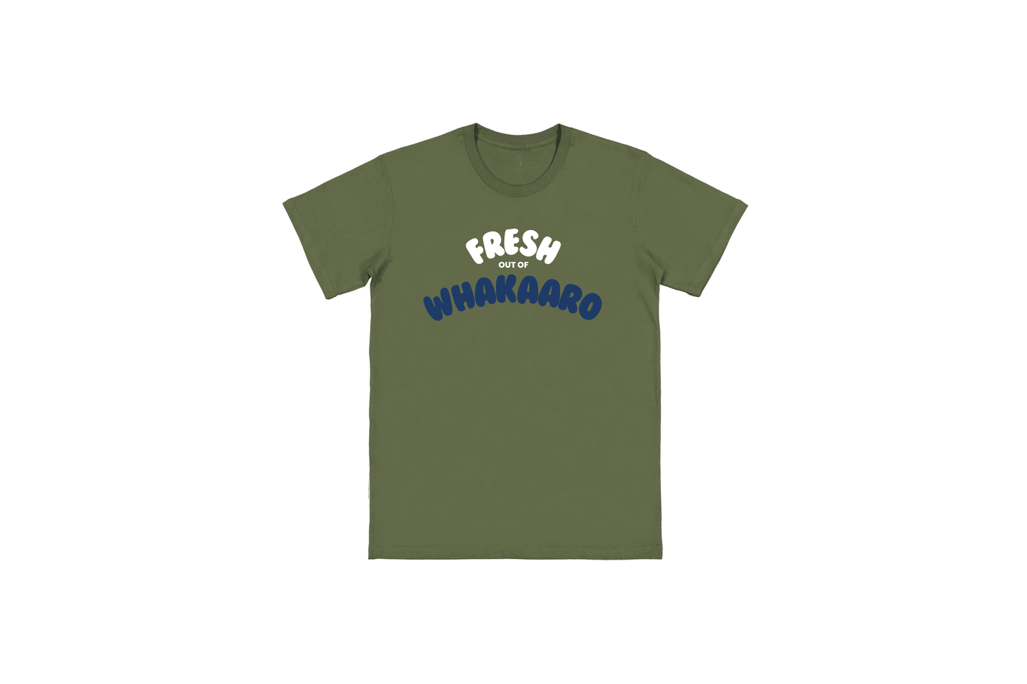 Flat lay of the FRESH OUT OF WHAKAARO T-SHIRT – unisex, soft cotton T-shirt designed for everyday NZ comfort.
