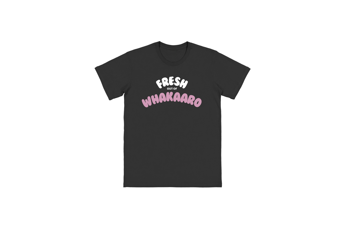 Flat lay of the FRESH OUT OF WHAKAARO T-SHIRT – unisex, soft cotton T-shirt designed for everyday NZ comfort.