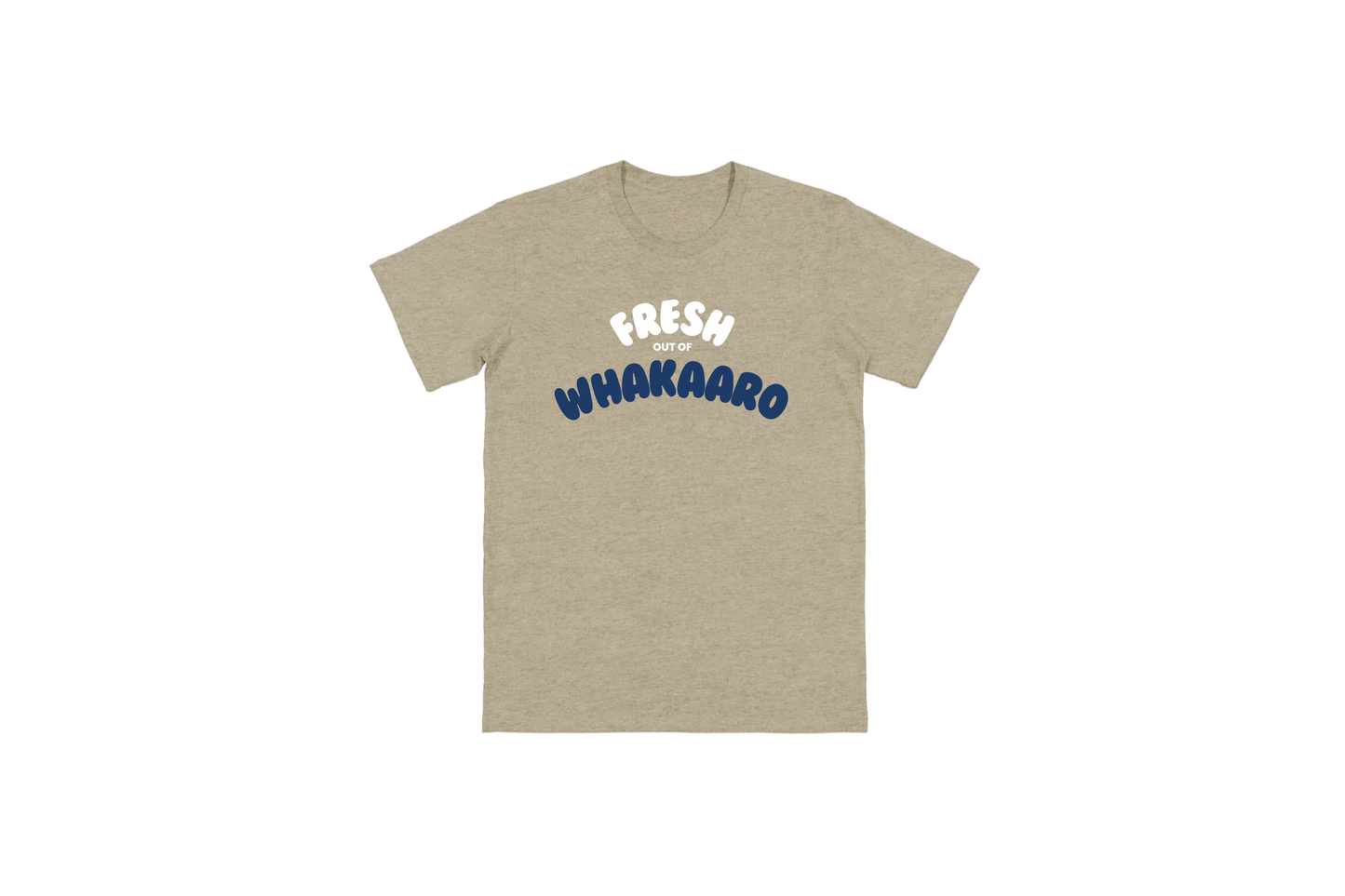 Flat lay of the FRESH OUT OF WHAKAARO T-SHIRT – unisex, soft cotton T-shirt designed for everyday NZ comfort.