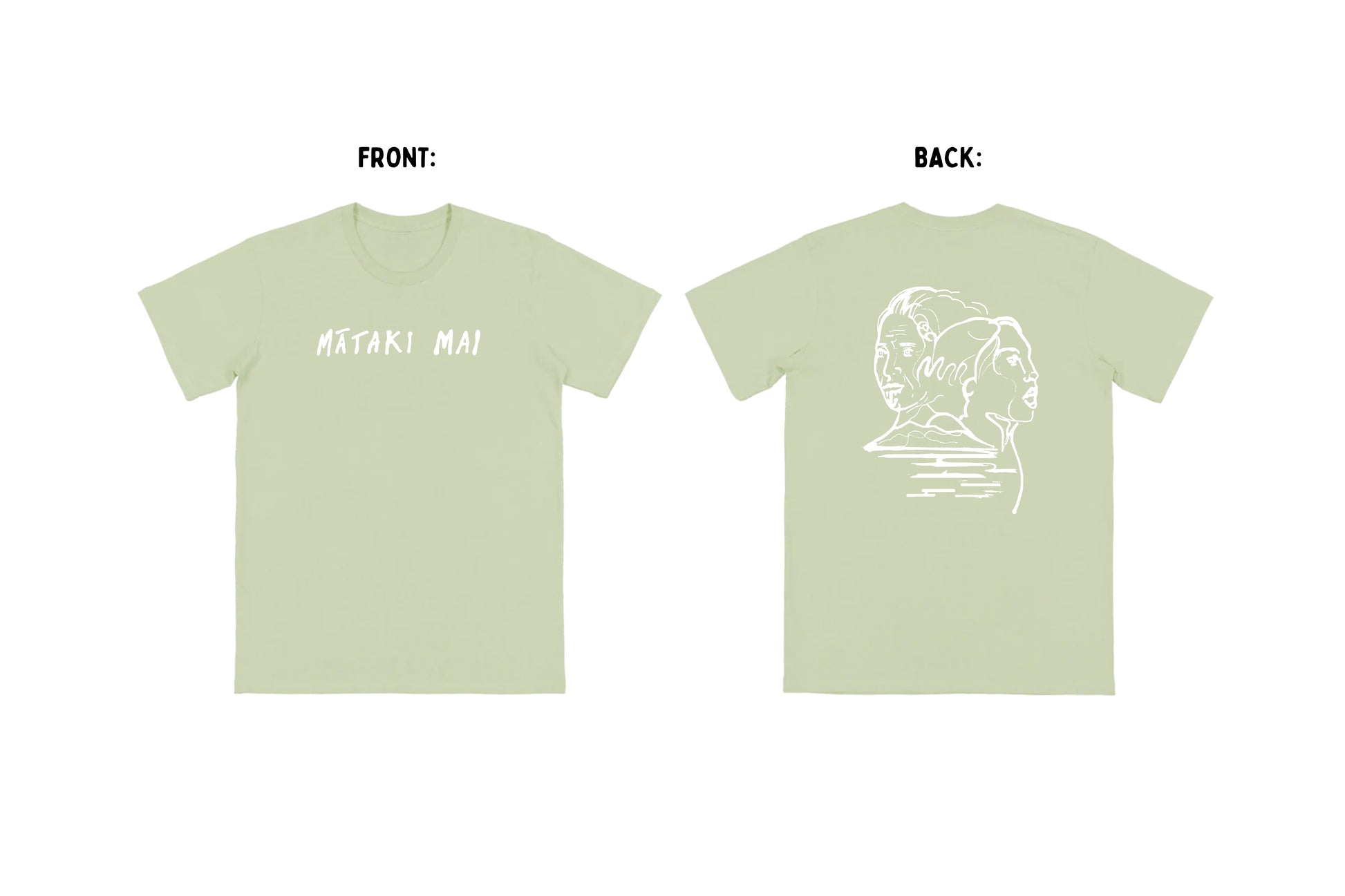 Flat-lay of pistachio t-shirt with white graphics on front and back.