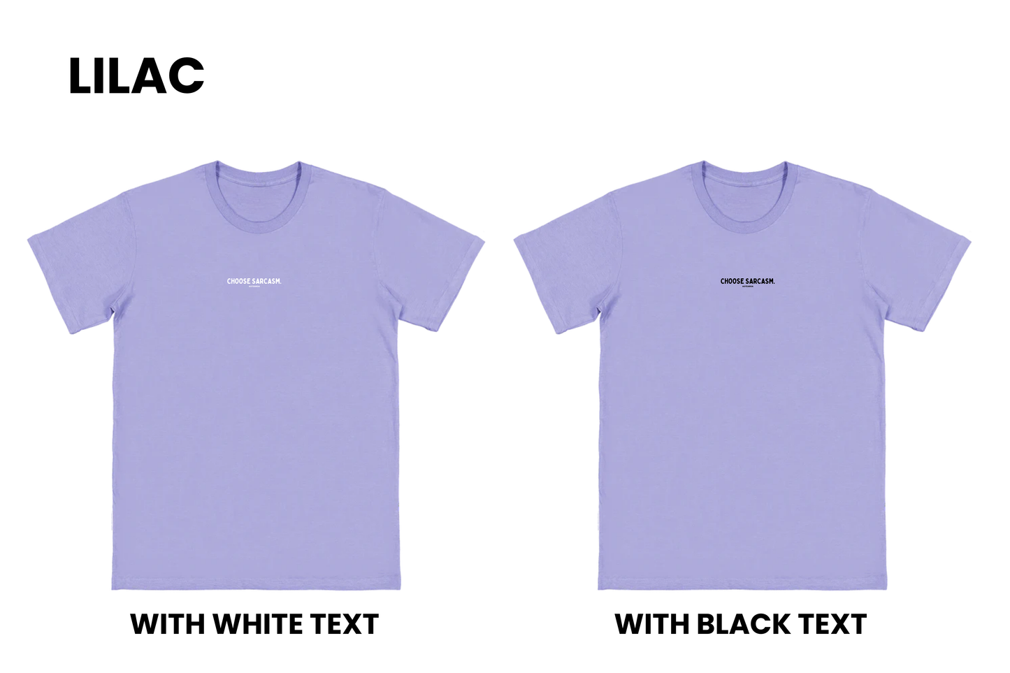 Flat lay of the HINT OF SARCASM T-shirt in lilac with two options, one with black text and one with white text, part of our Māori men's and women's clothing NZ collection.