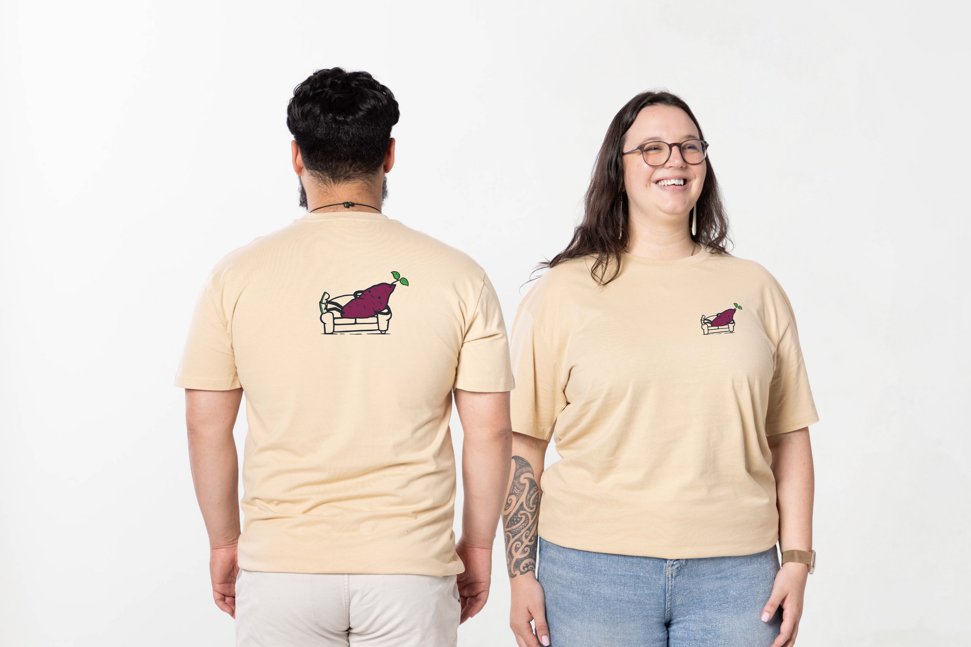 Model wearing the Couch Kumara Tee – a unisex, breathable cotton tee from CHOOSE SARCASM's Māori clothing collection.