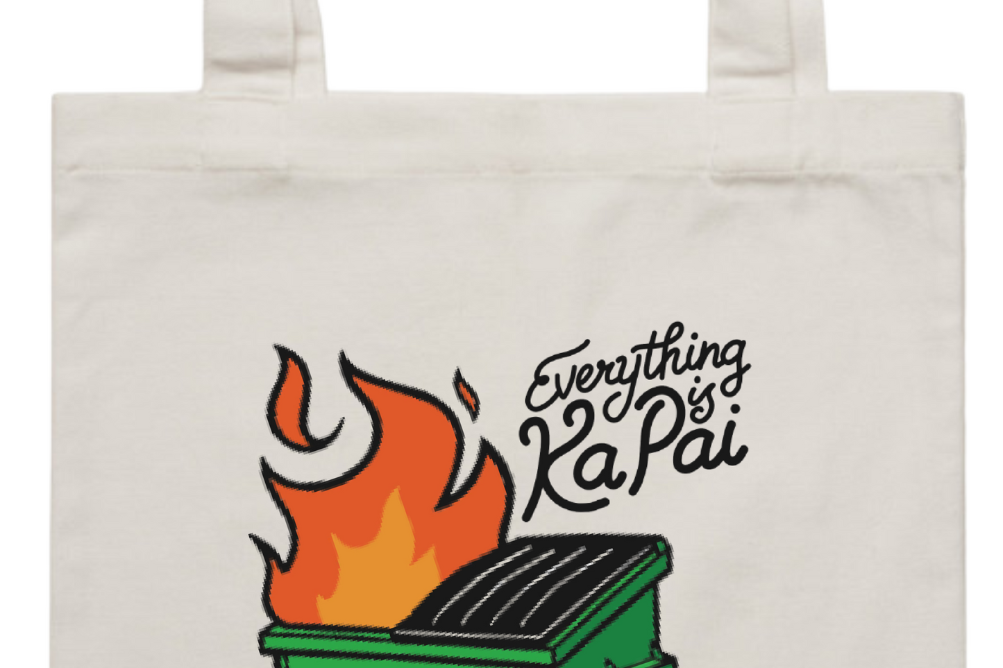Flat lay of the EVERYTHING IS KA PAI tote bag, part of our women’s and men’s Māori clothing and accessories range.