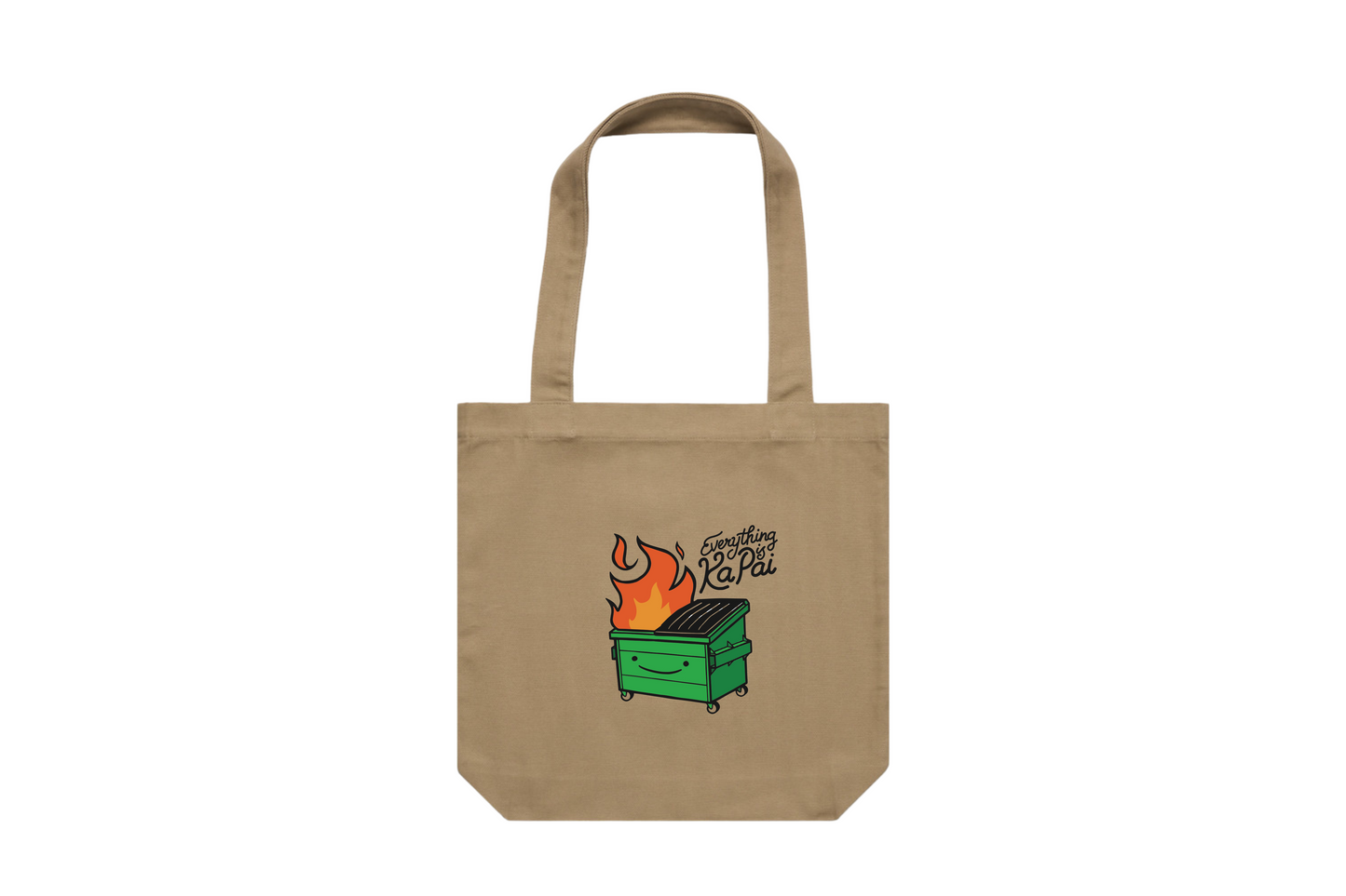 Flat lay of the EVERYTHING IS KA PAI tote bag, part of our women’s and men’s Māori clothing and accessories range.