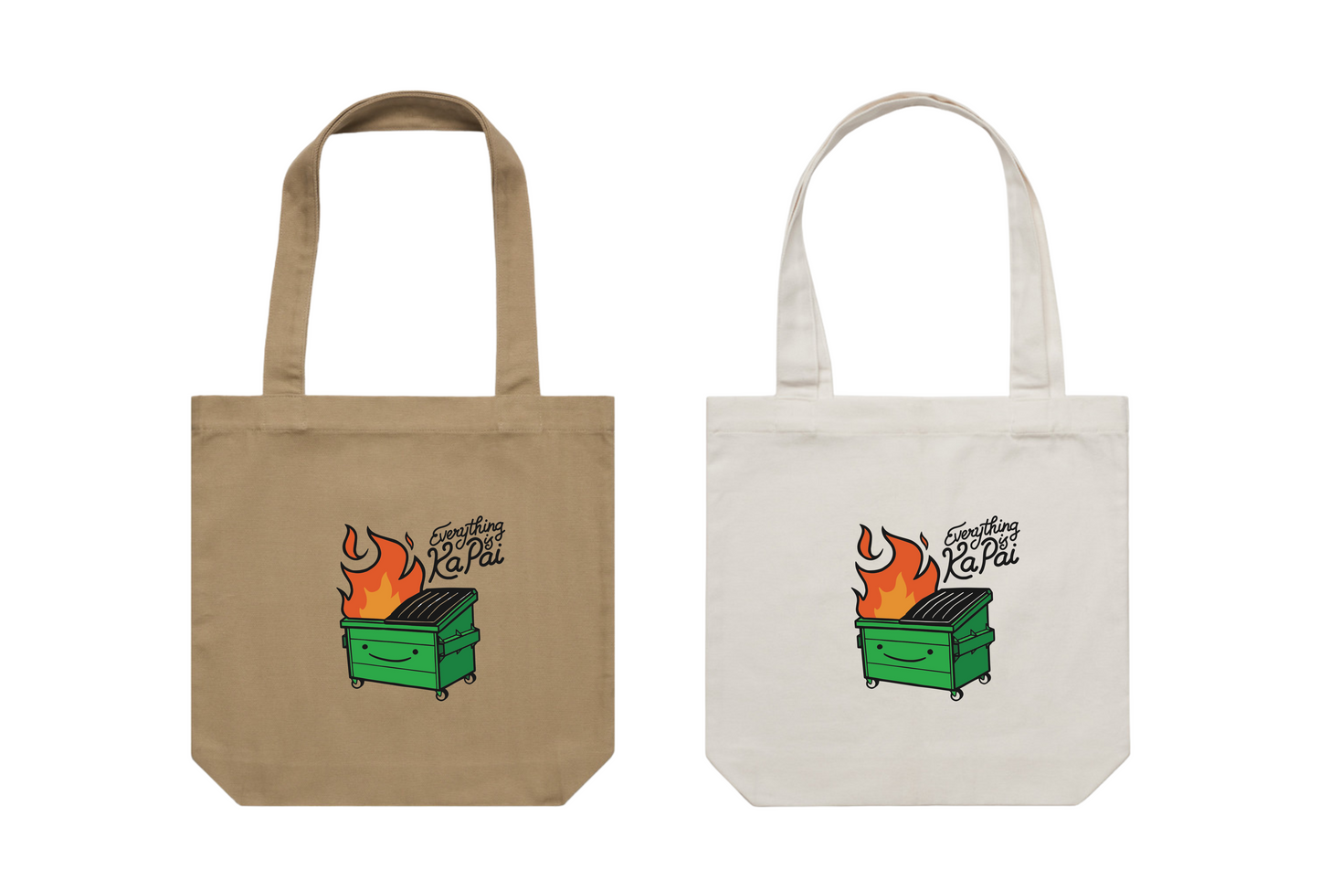 Flat lay of the EVERYTHING IS KA PAI tote bag, part of our women’s and men’s Māori clothing and accessories range.