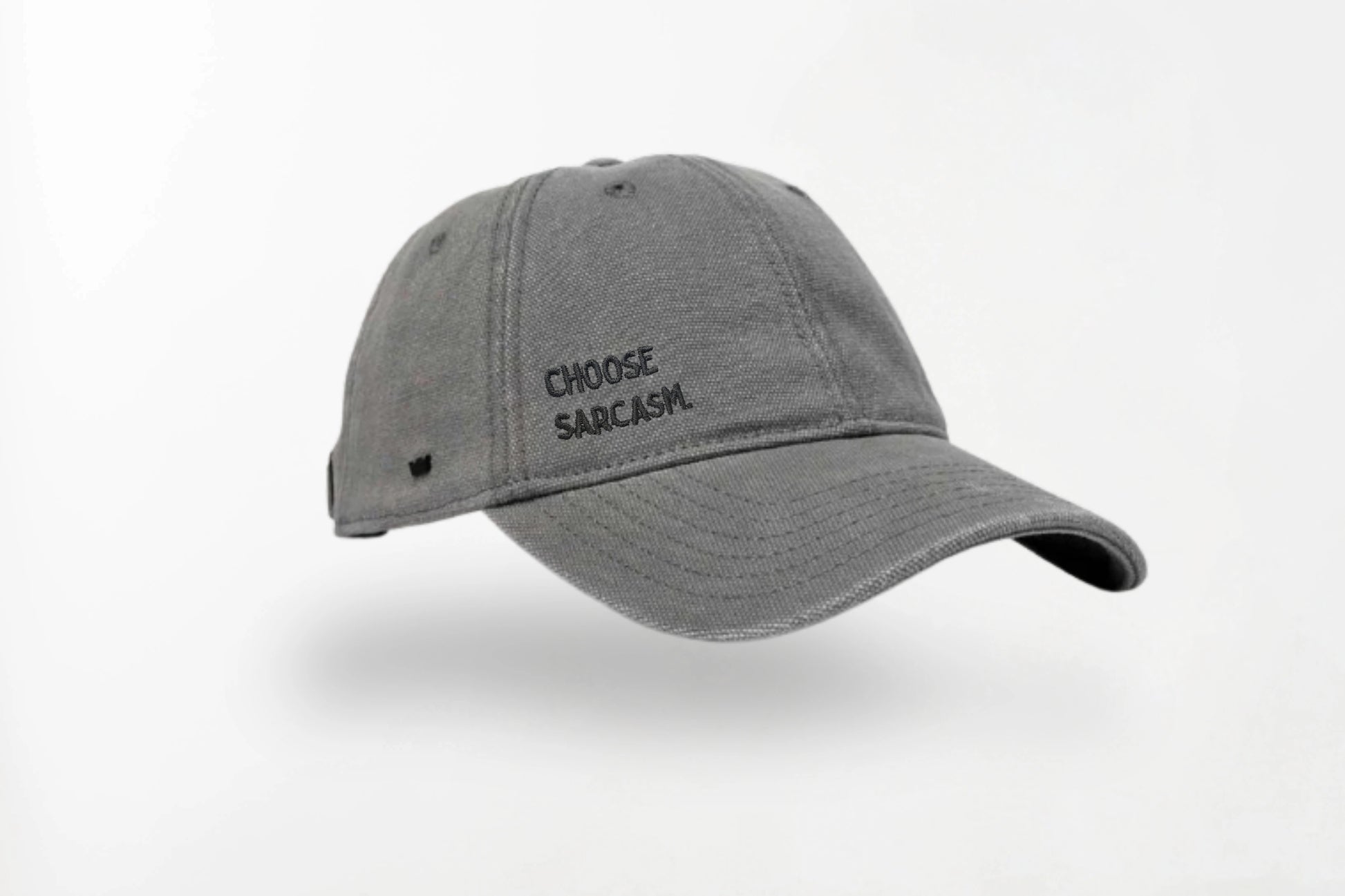 Flat lay of the CHOOSE SARCASM cotton canvas cap – 100% heavy cotton canvas, unisex, one size fits all.