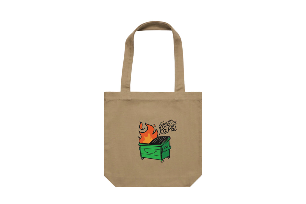 Flat lay of the Everything is Ka Pai Tote Bag – durable, eco-friendly, and designed for everyday errands or mahi. Perfect for carrying kai, gear, or your mental baggage.