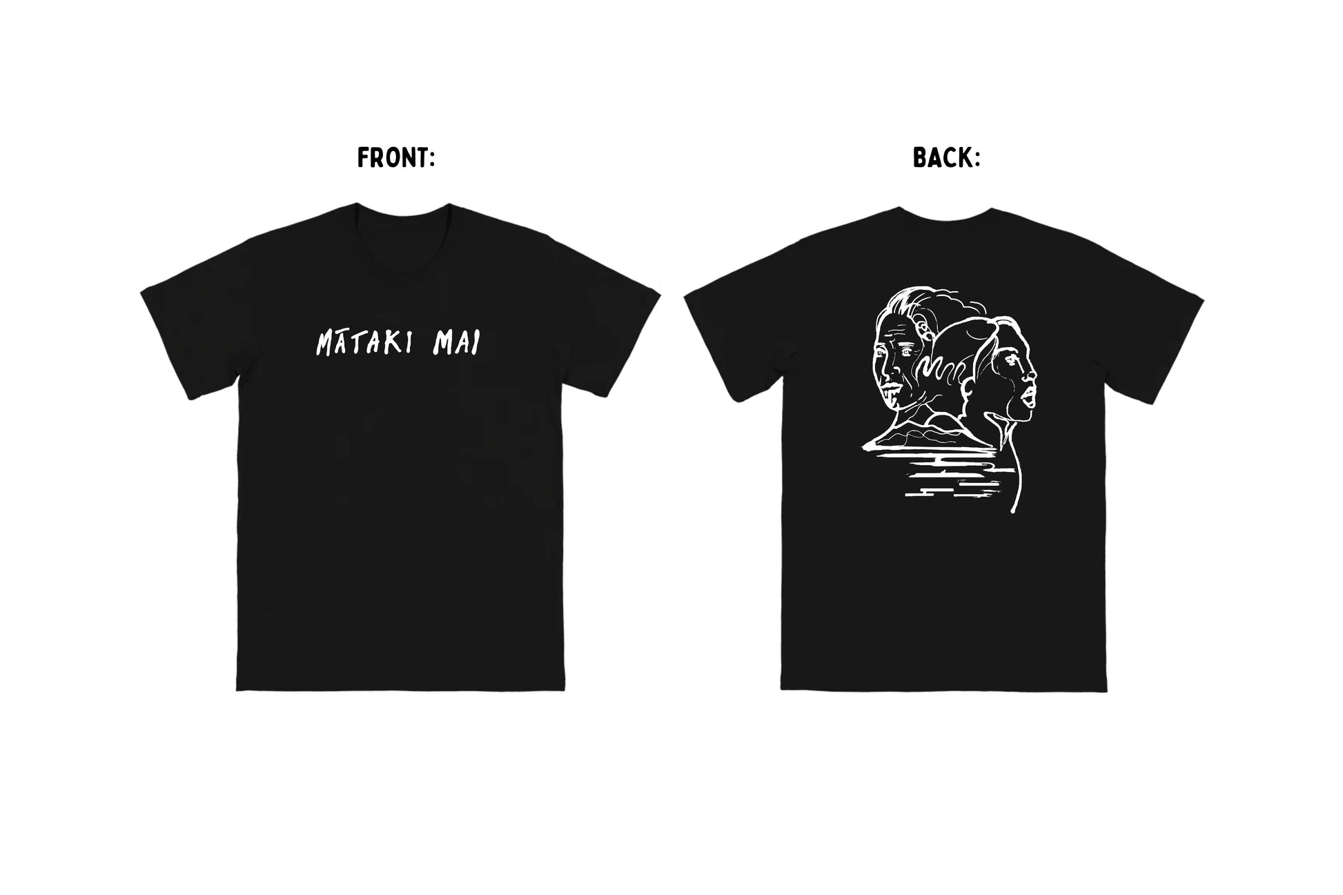 Flat-lay of black t-shirt with white graphics on front and back.