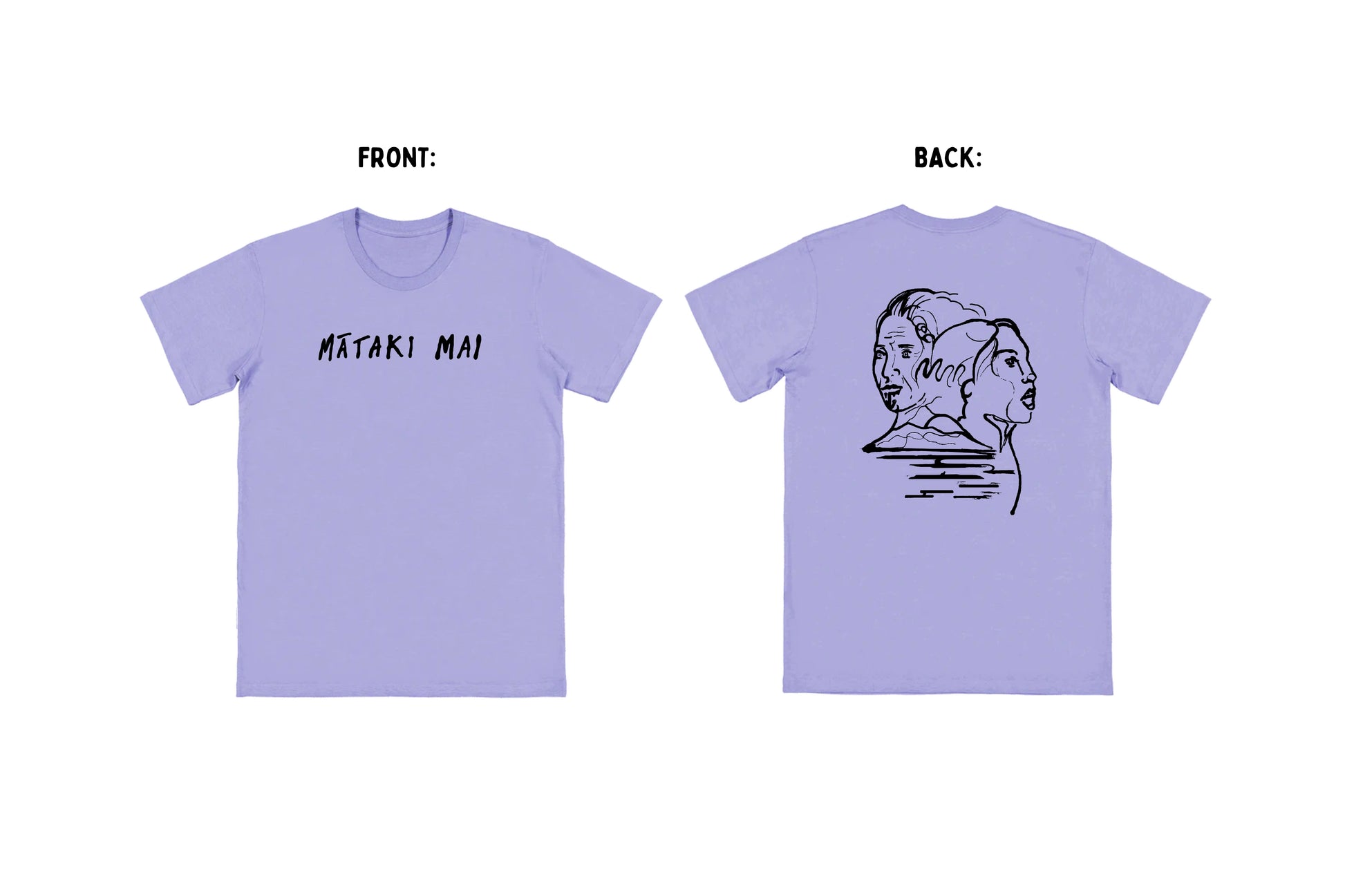 Flat-lay of lilac t-shirt with black graphics on front and back.