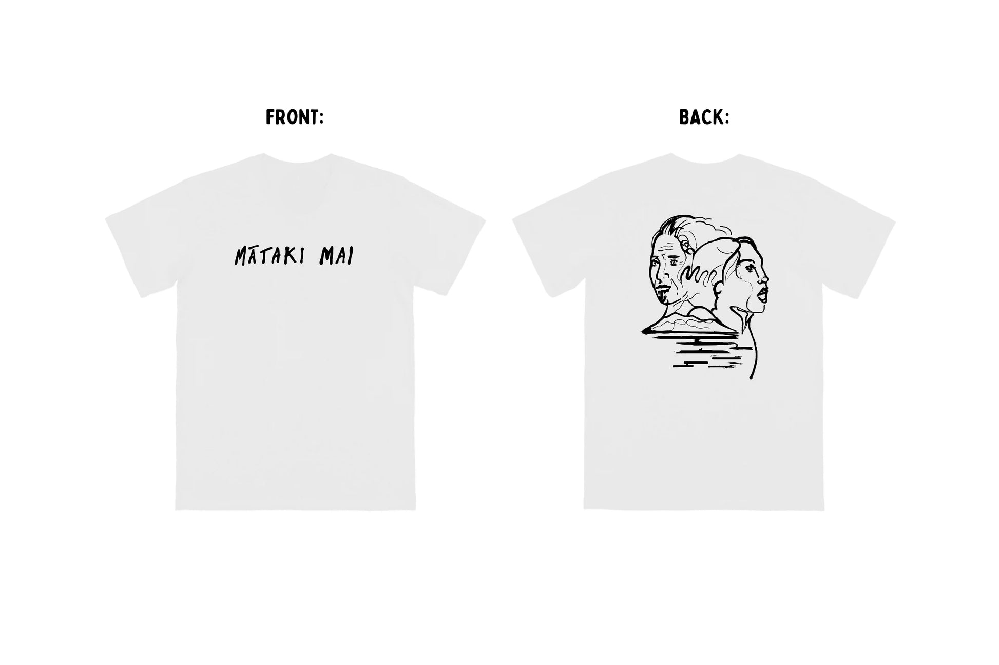 Flat-lay of white t-shirt with black graphics on front and back.