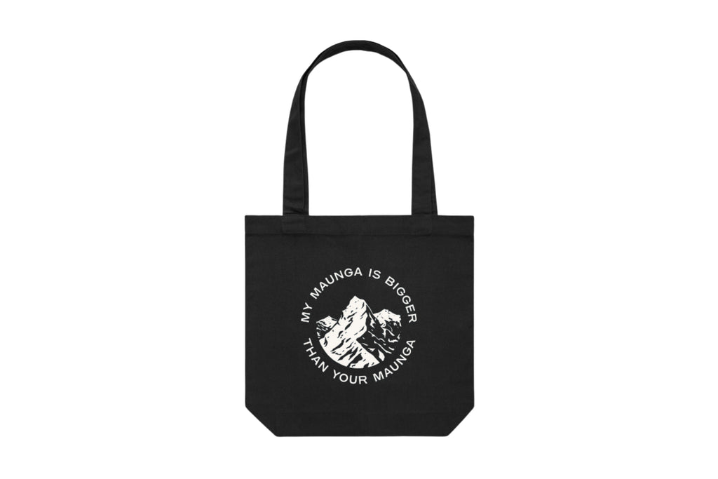 Flat lay of the My Maunga is Bigger Than Your Maunga Tote Bag – durable, eco-friendly, and designed for everyday errands or mahi. Perfect for carrying kai, gear, or your mental baggage.