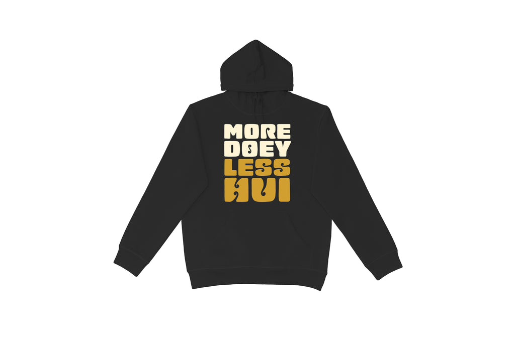 Flat lay of the More Doey, Less Hui Hoodie – unisex, Māori-inspired cotton/polyester hoodie for everyday NZ wear.