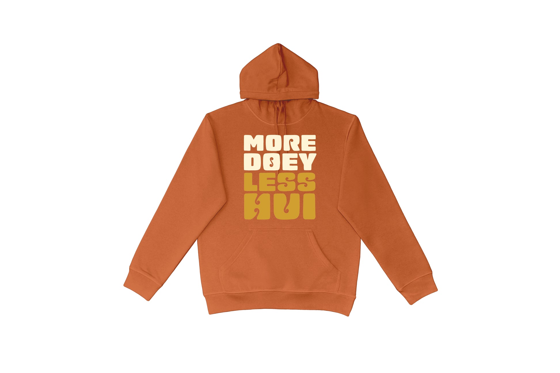 Flat lay of the More Doey, Less Hui Hoodie – unisex, Māori-inspired cotton/polyester hoodie for everyday NZ wear.