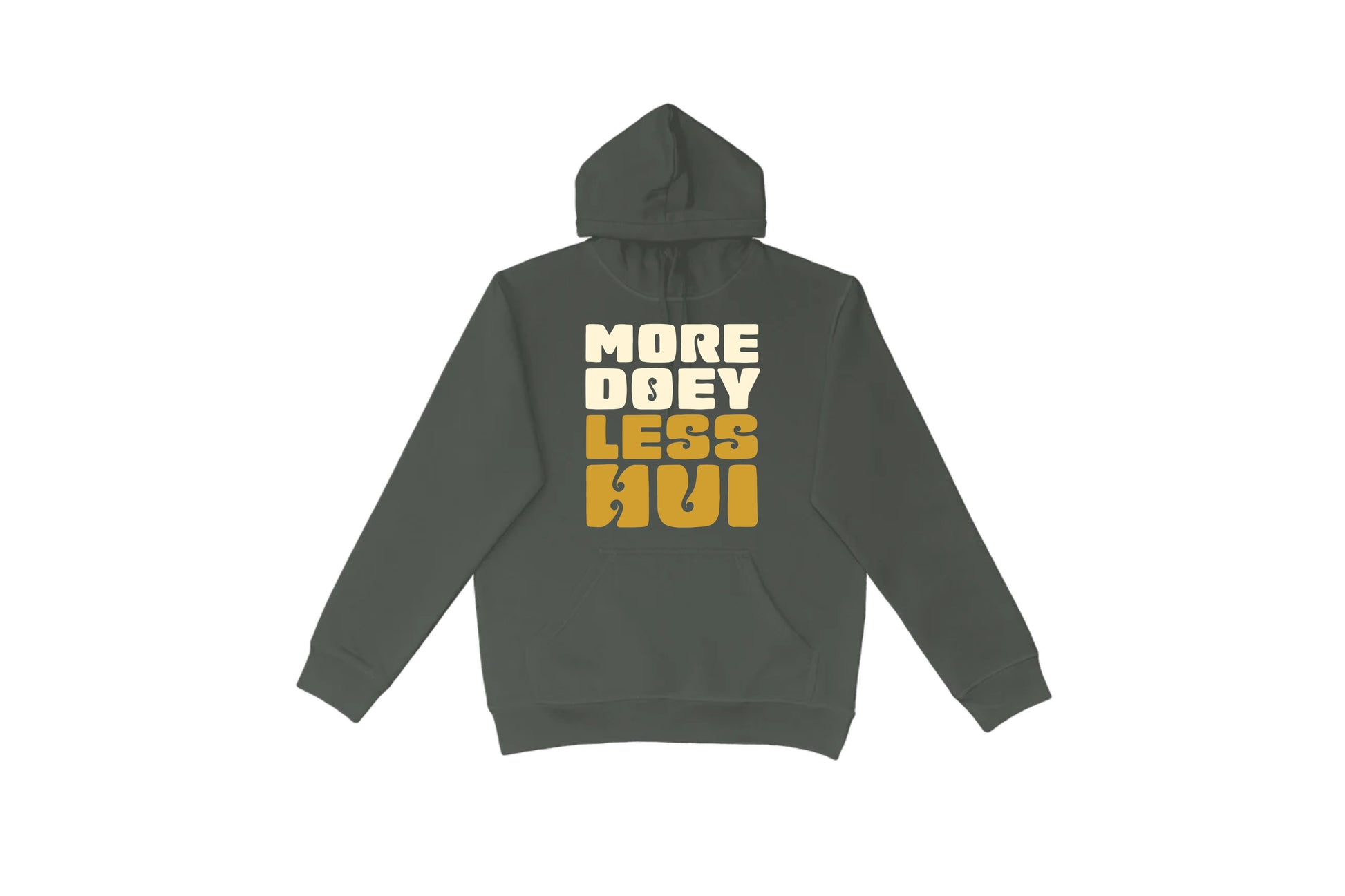 Flat lay of the More Doey, Less Hui Hoodie – unisex, Māori-inspired cotton/polyester hoodie for everyday NZ wear.