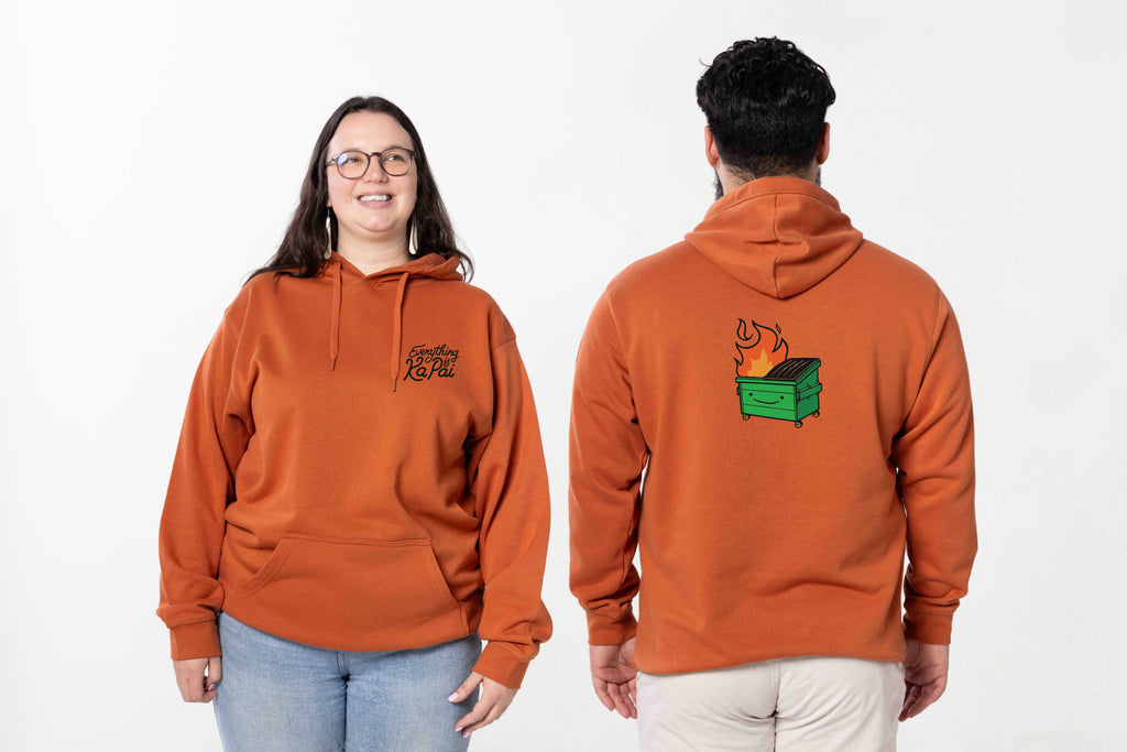 Models wearing the Everything is Ka Pai Hoodie – unisex, Māori-inspired cotton/polyester hoodie for everyday NZ wear.