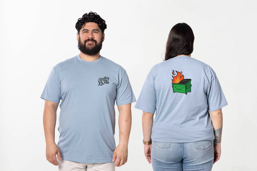 Models wearing the Everything is Ka Pai Tee – unisex, Māori-inspired cotton T-shirt for everyday NZ wear.