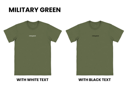 Flat lay of the HINT OF SARCASM T-shirt in military green with two options, one with black text and one with white text, part of our Māori men's and women's clothing NZ collection.