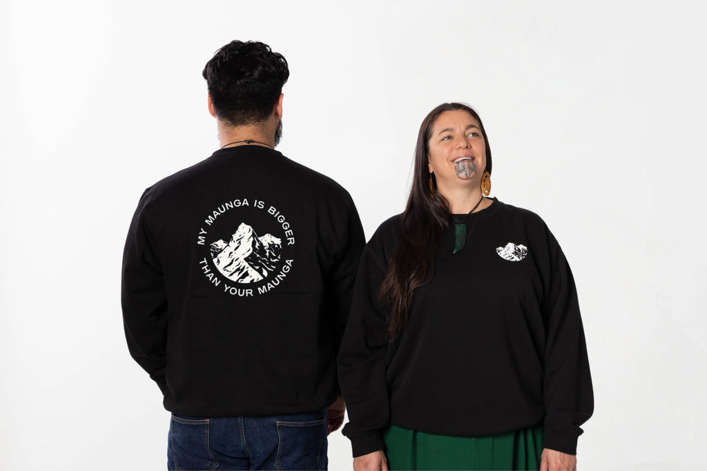 Models wearing the My Maunga is bigger than your Maunga crewneck – unisex, Māori-inspired cotton/polyester hoodie for everyday NZ wear.