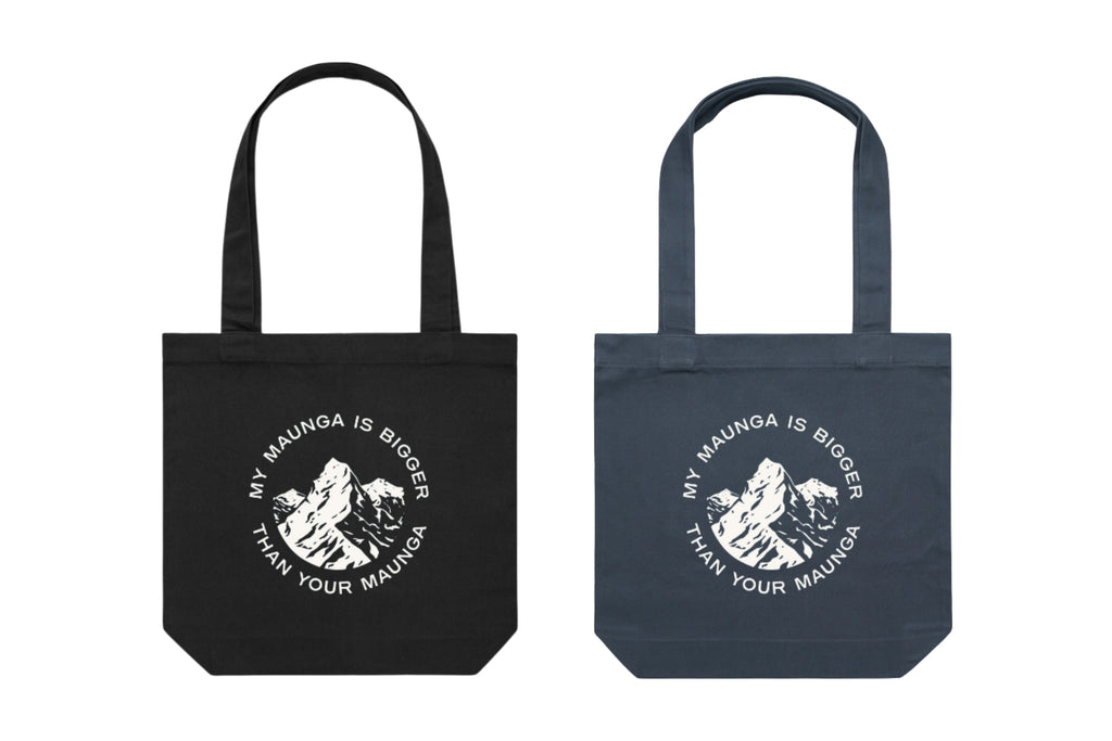 Flat lay of the My Maunga is Bigger Than Your Maunga Tote Bag – durable, eco-friendly, and designed for everyday errands or mahi. Perfect for carrying kai, gear, or your mental baggage.